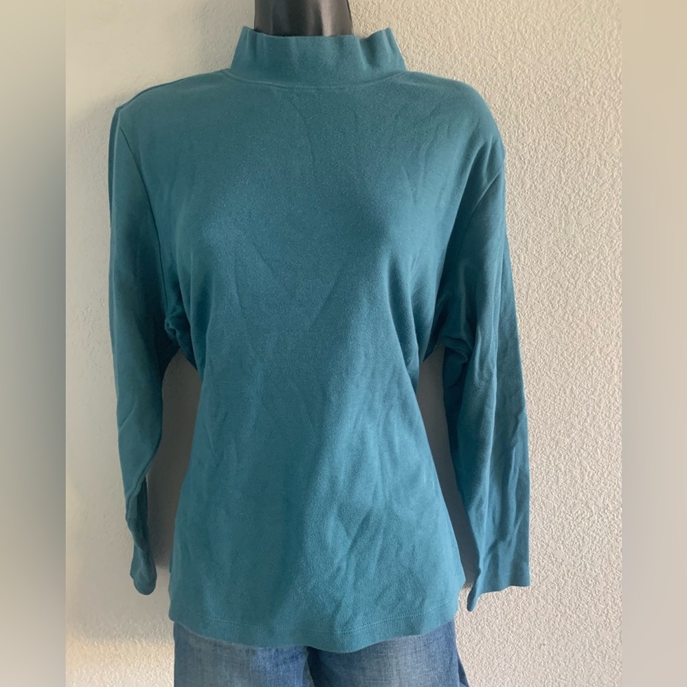 Karen Scott Mock Neck Top Women's Size 1X Teal Long Sleeve 100% Cotton